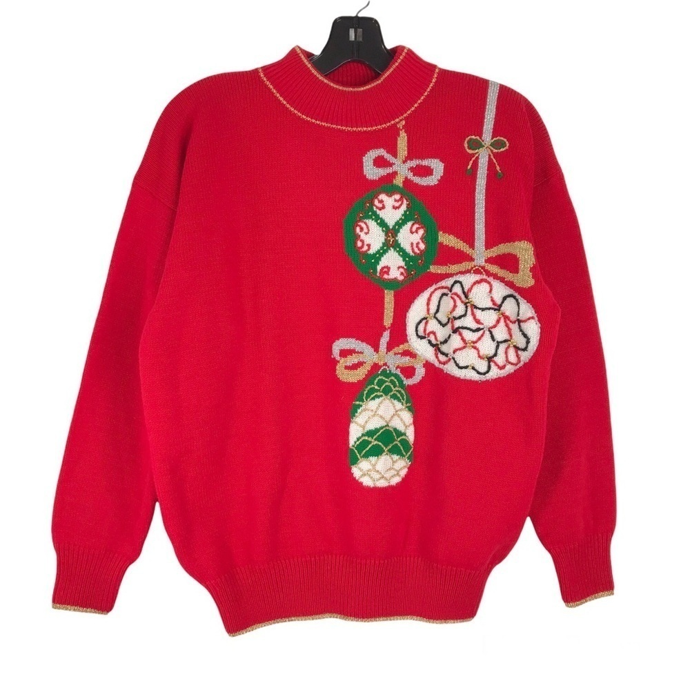 Vintage 80s 90s DANA SCOTT Ornaments Holiday Ugly Xmas Knit Sweater Mock Neck